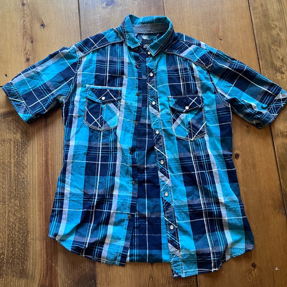 Vintage Various Artists blue plaid button down shirt sleeve men’s M